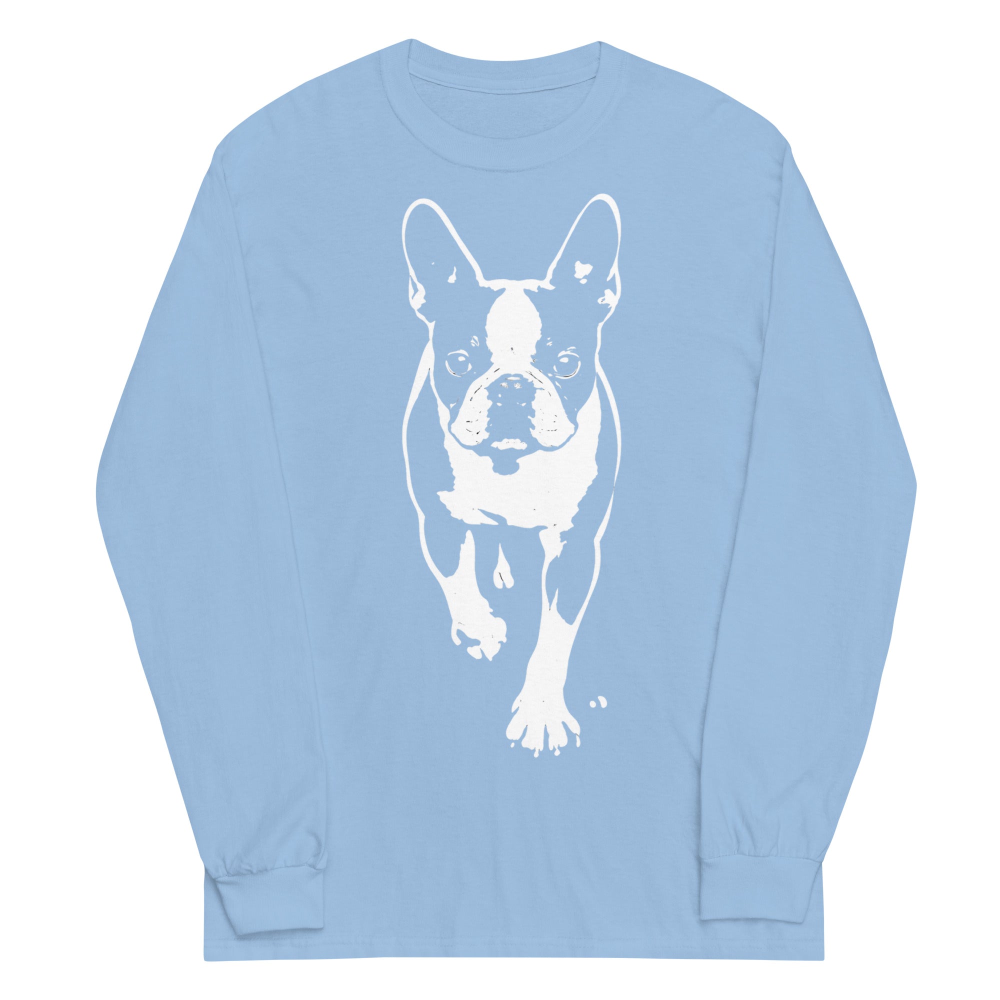 Boston Terrier Stencil Graphic – Minimalist Dog Lover Unisex Long Sleeve Shirt . Light Blue