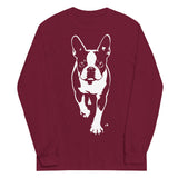 Boston Terrier Stencil Graphic – Minimalist Dog Lover Unisex Long Sleeve Shirt . Maroon