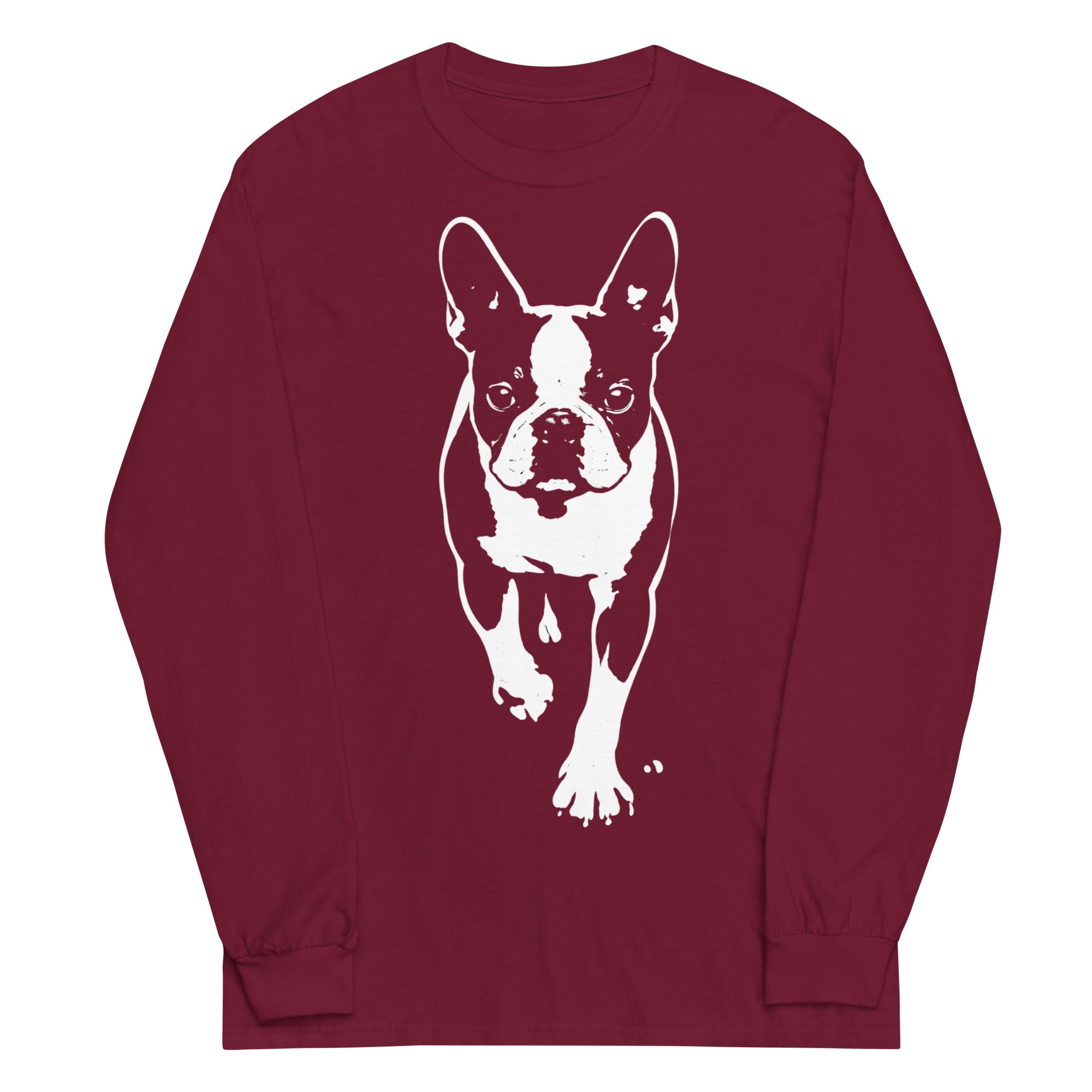 Boston Terrier Stencil Graphic – Minimalist Dog Lover Unisex Long Sleeve Shirt . Maroon