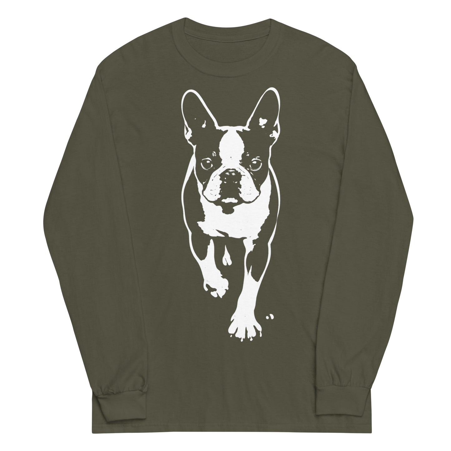 Boston Terrier Stencil Graphic – Minimalist Dog Lover Unisex Long Sleeve Shirt . Military Green