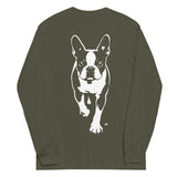 Boston Terrier Stencil Graphic – Minimalist Dog Lover Unisex Long Sleeve Shirt . Military Green