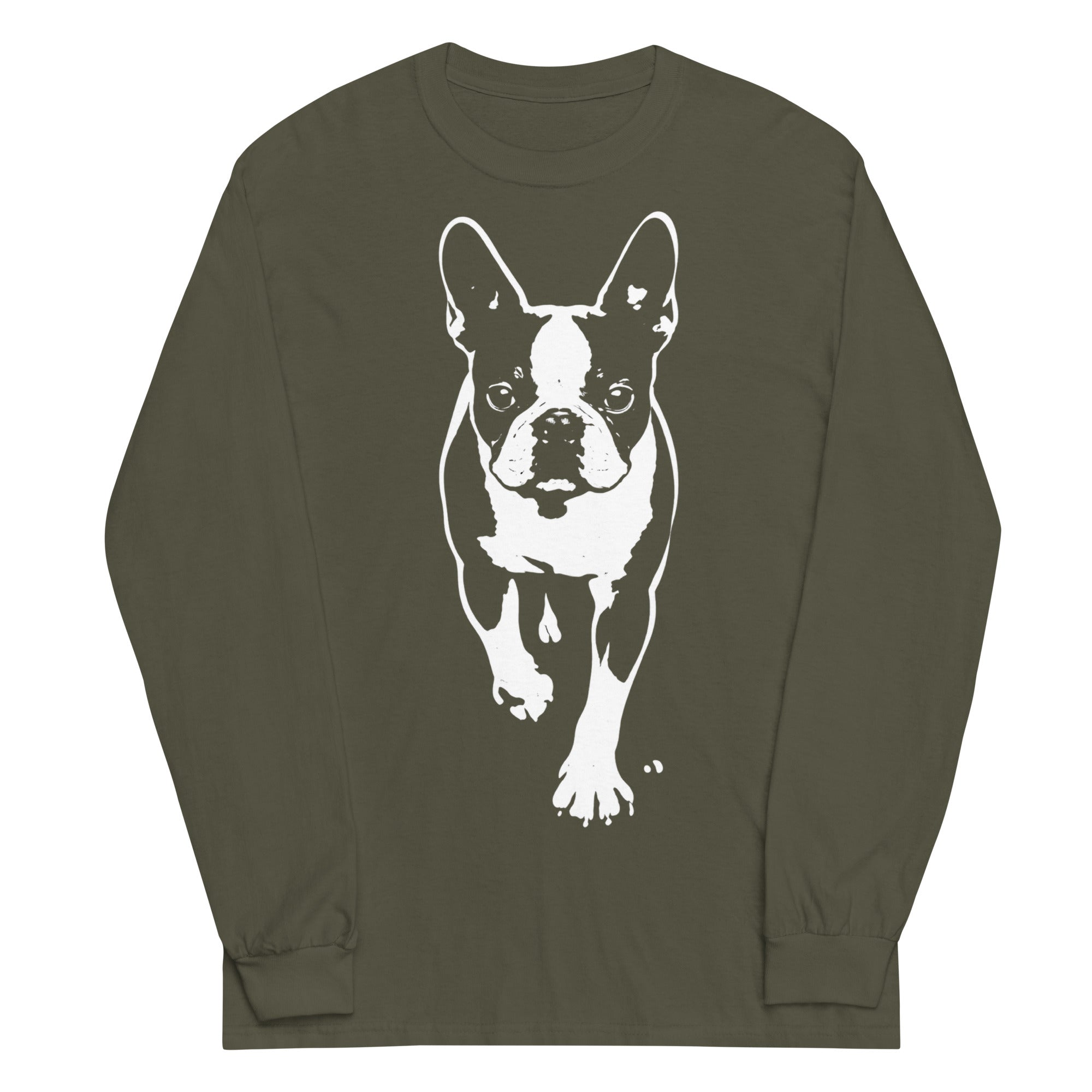 Boston Terrier Stencil Graphic – Minimalist Dog Lover Unisex Long Sleeve Shirt . Military Green