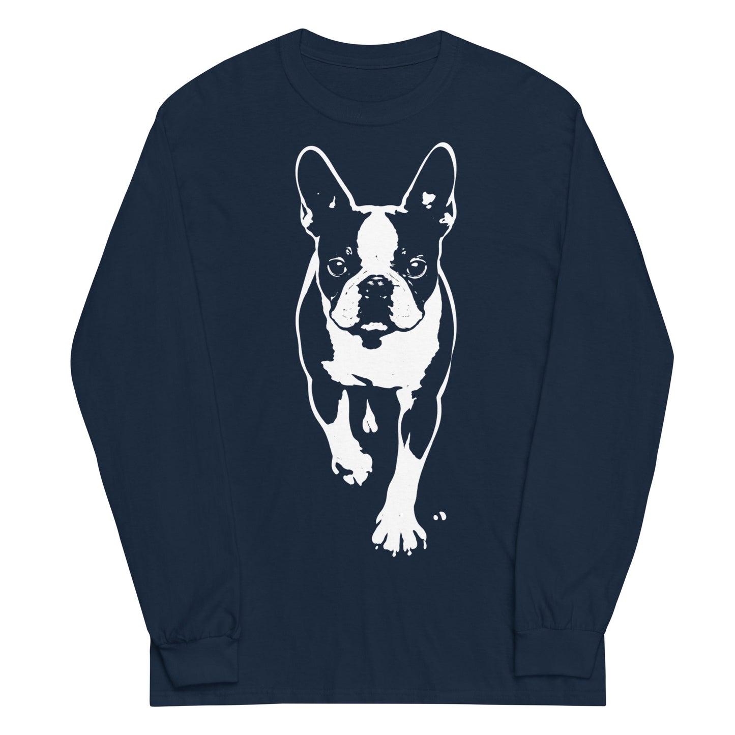 Boston Terrier Stencil Graphic – Minimalist Dog Lover Unisex Long Sleeve Shirt . Navy