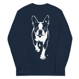 Boston Terrier Stencil Graphic – Minimalist Dog Lover Unisex Long Sleeve Shirt . Navy