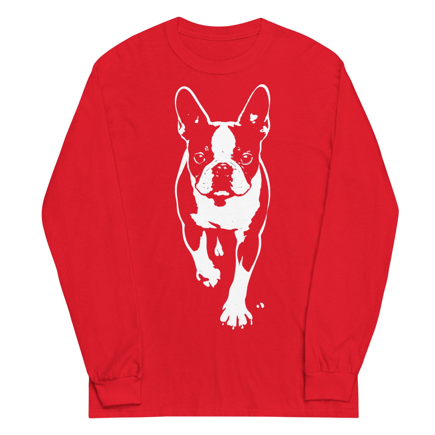 Boston Terrier Stencil Graphic – Minimalist Dog Lover Unisex Long Sleeve Shirt . Red