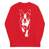 Boston Terrier Stencil Graphic – Minimalist Dog Lover Unisex Long Sleeve Shirt . Red