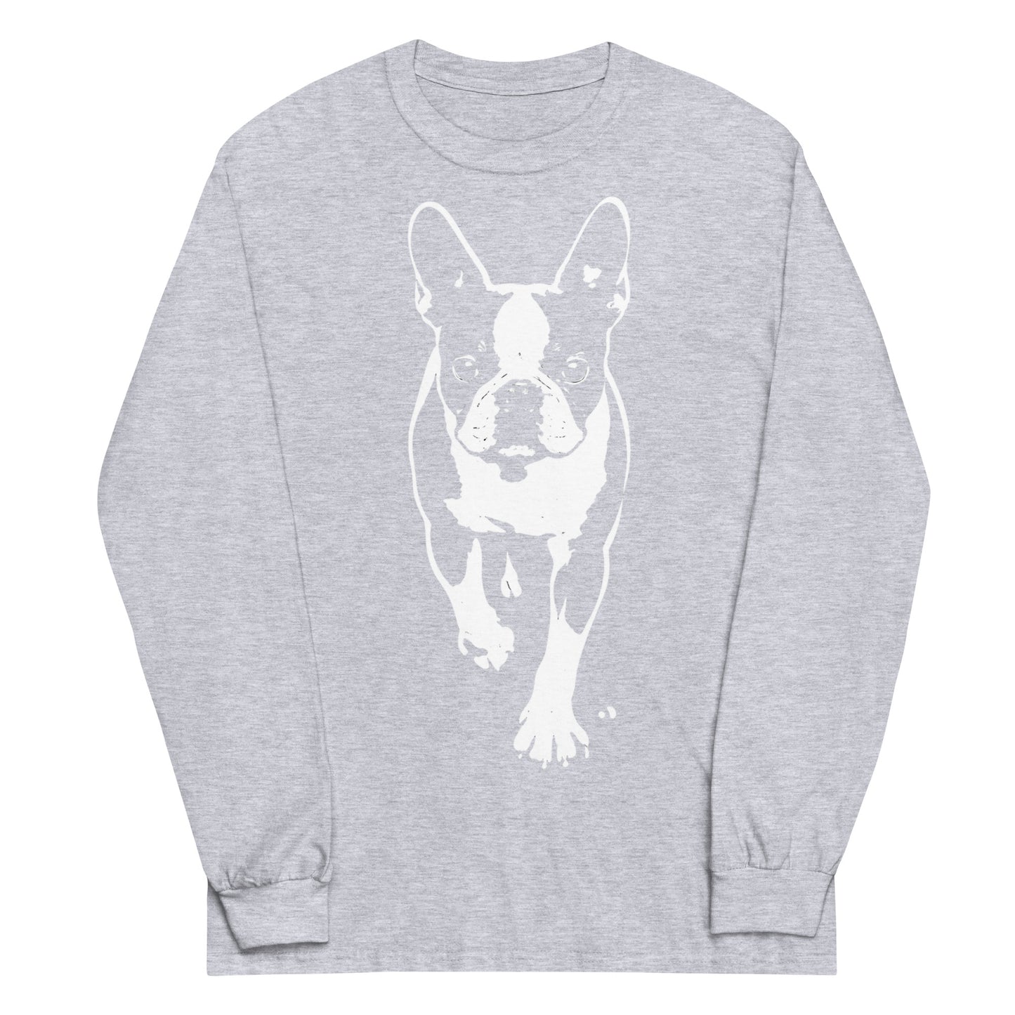 Boston Terrier Stencil Graphic – Minimalist Dog Lover Unisex Long Sleeve Shirt . Sport Grey