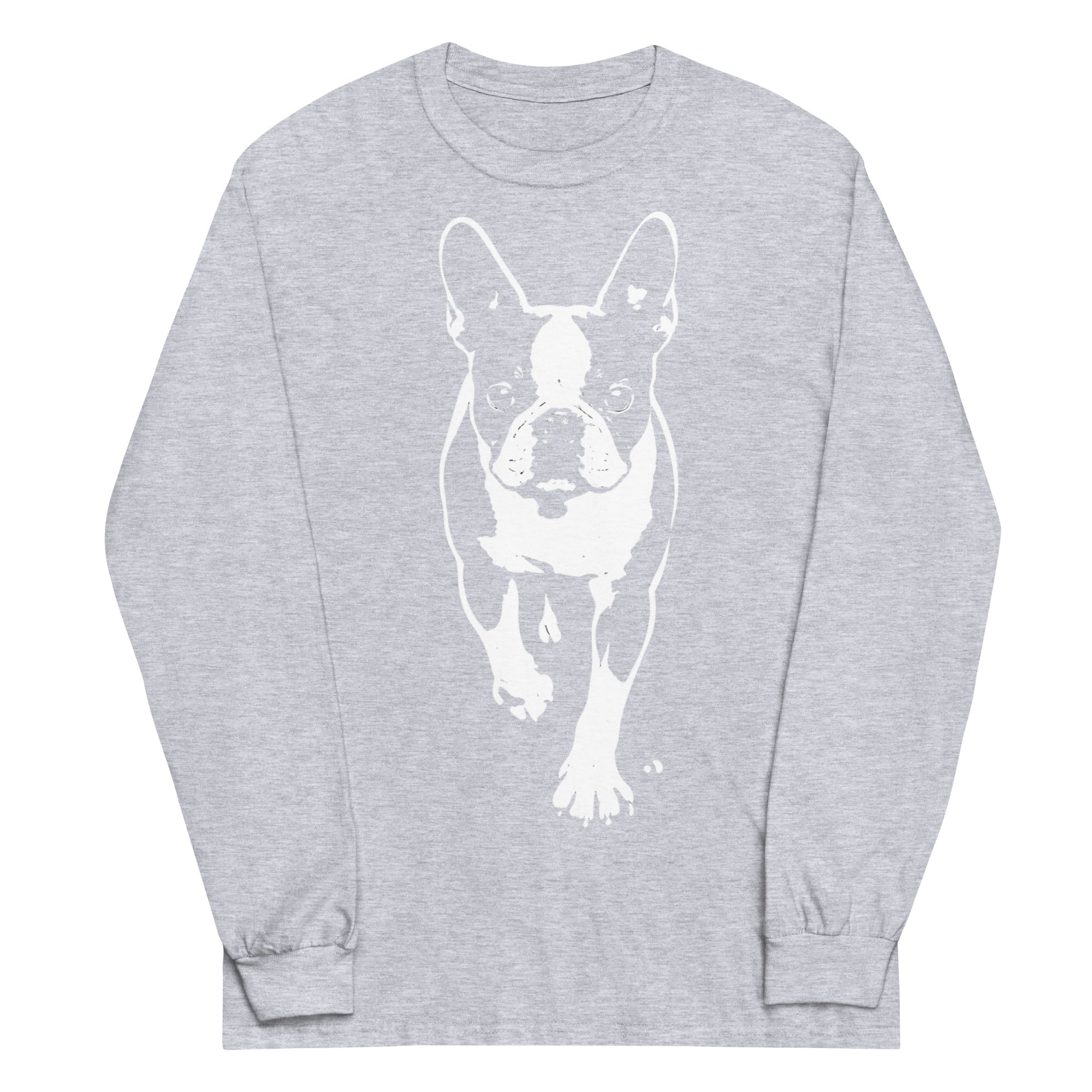 Boston Terrier Stencil Graphic – Minimalist Dog Lover Unisex Long Sleeve Shirt . Sport Grey