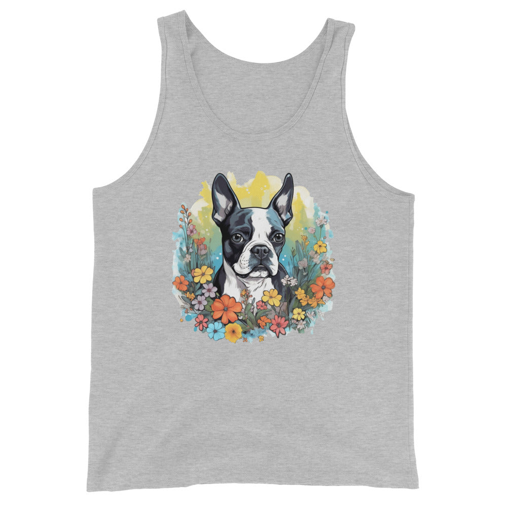 Boston Terrier Surrounded By Flowers Unisex Tank Top