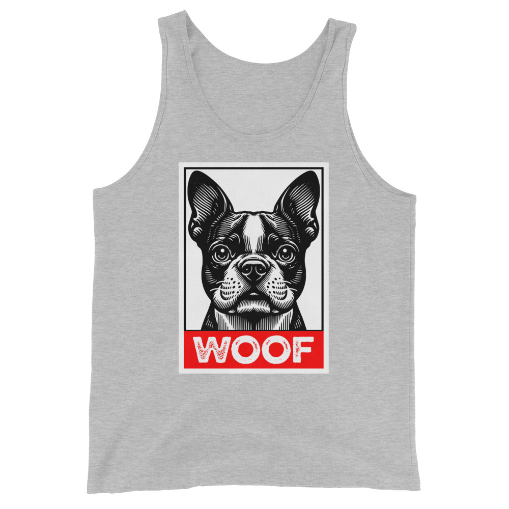 Woof Boston Terrier Dog Unisex Tank Top . Athletic Heather