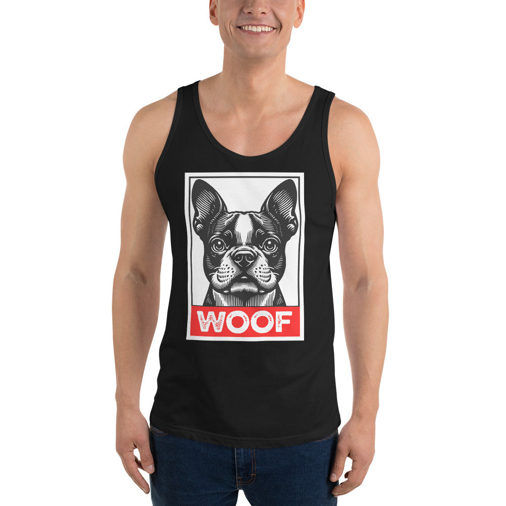 Woof Boston Terrier Dog Unisex Tank Top .