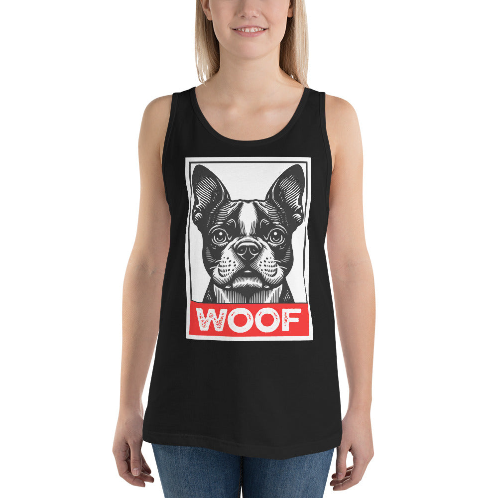 Woof Boston Terrier Dog Unisex Tank Top .