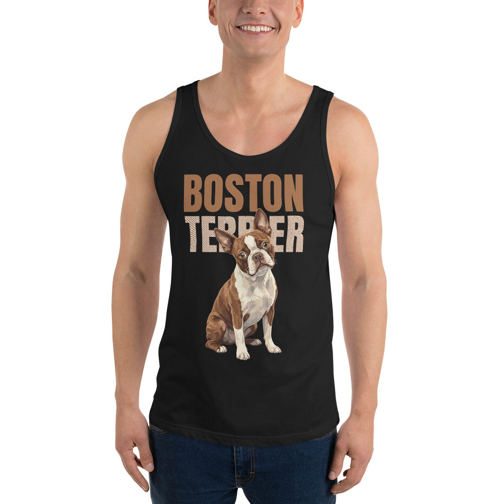 Brown Boston Terrier Dog Unisex Tank Top .