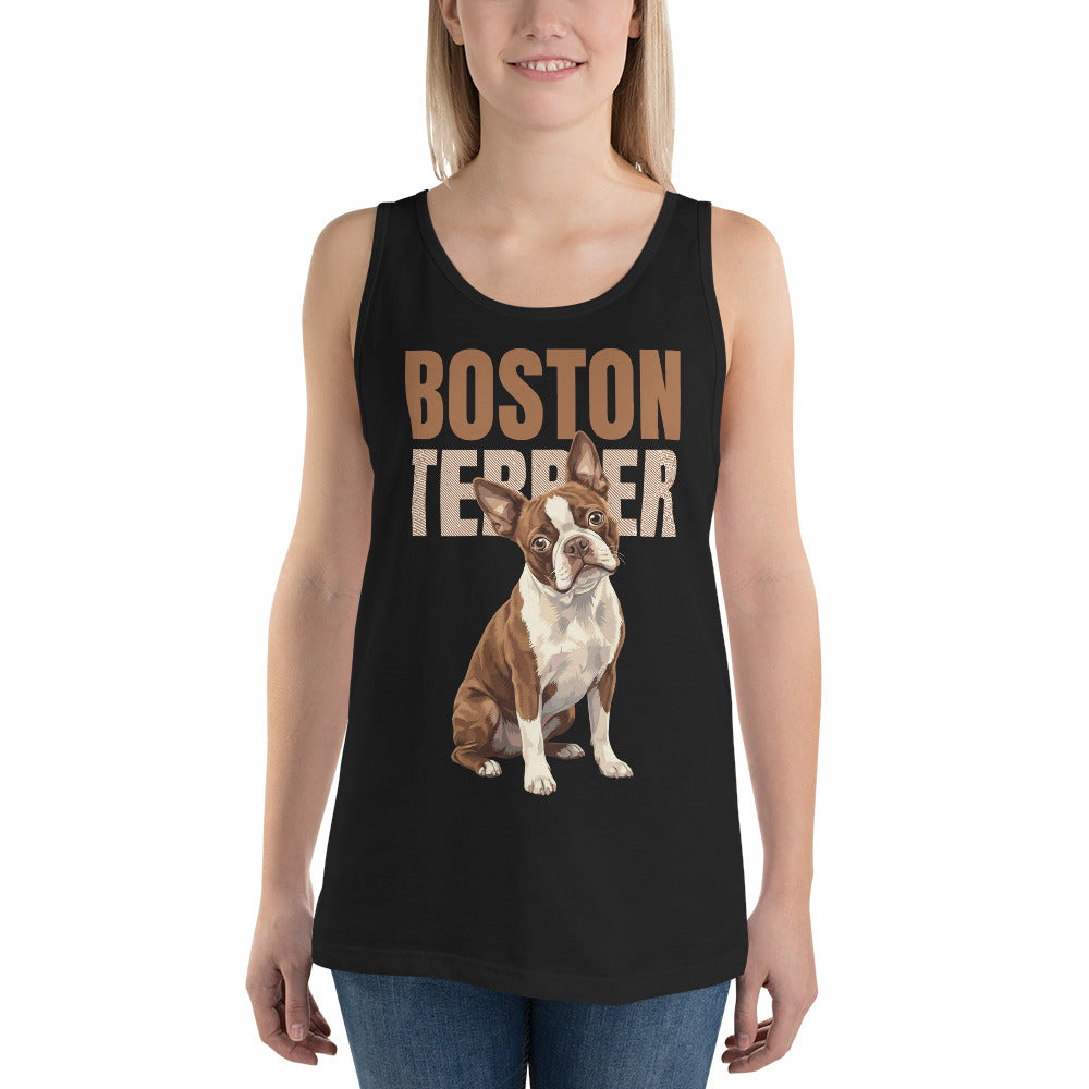 Brown Boston Terrier Dog Unisex Tank Top .