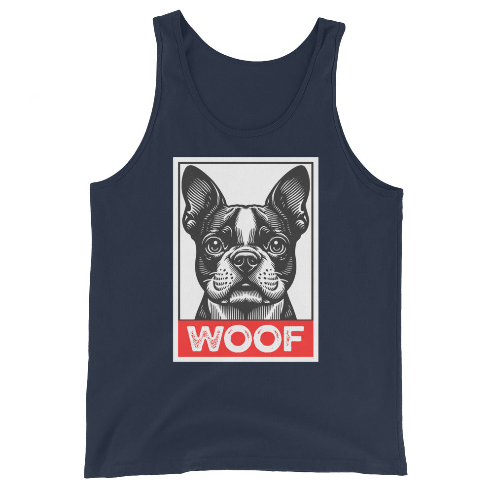 Woof Boston Terrier Dog Unisex Tank Top . Navy