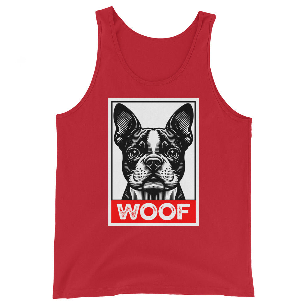 Woof Boston Terrier Dog Unisex Tank Top . Red