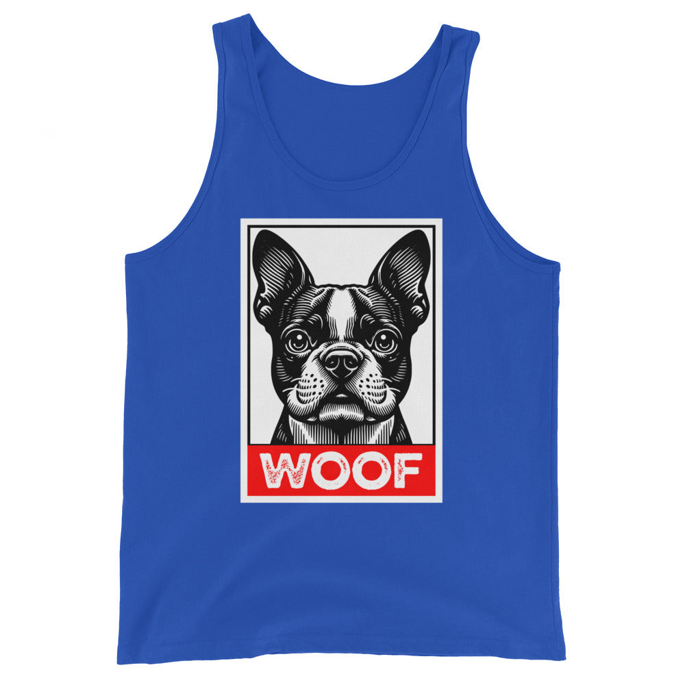 Woof Boston Terrier Dog Unisex Tank Top . True Royal