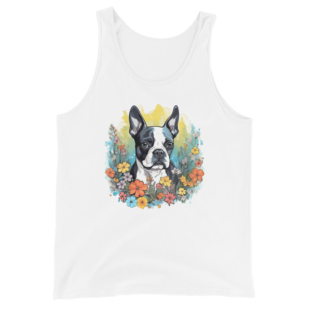 Boston Terrier Surrounded By Flowers Unisex Tank Top