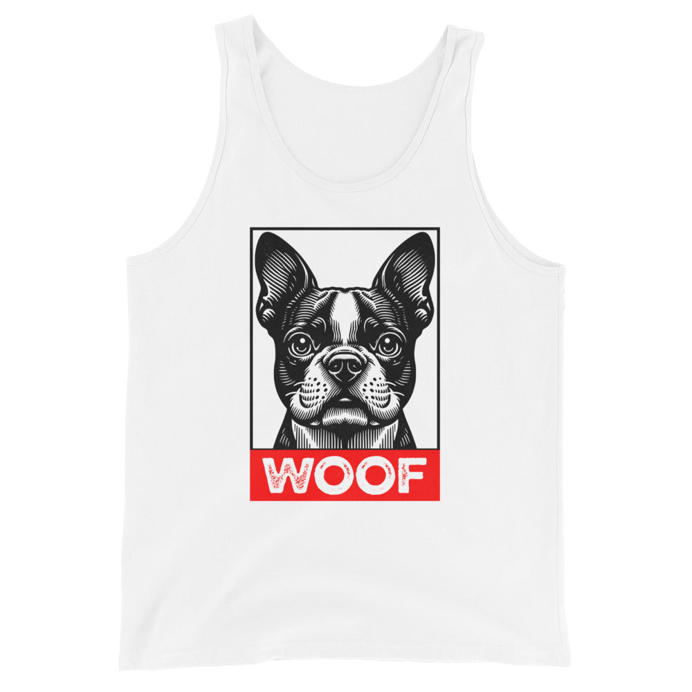 Woof Boston Terrier Dog Unisex Tank Top . White