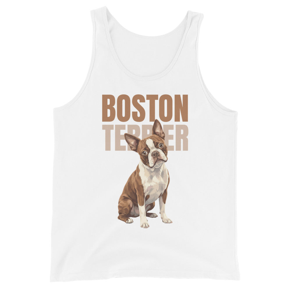 Brown Boston Terrier Dog Unisex Tank Top . White