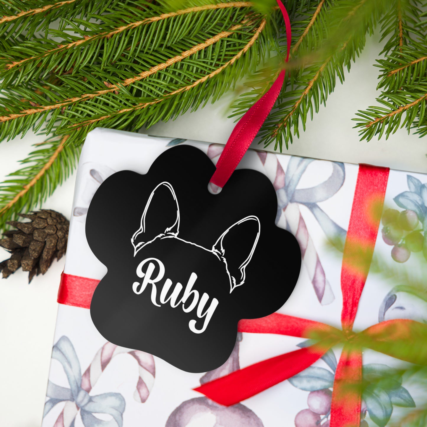 Personalized Dog Paw Metal Christmas Ornament - Ears with Dog's Name