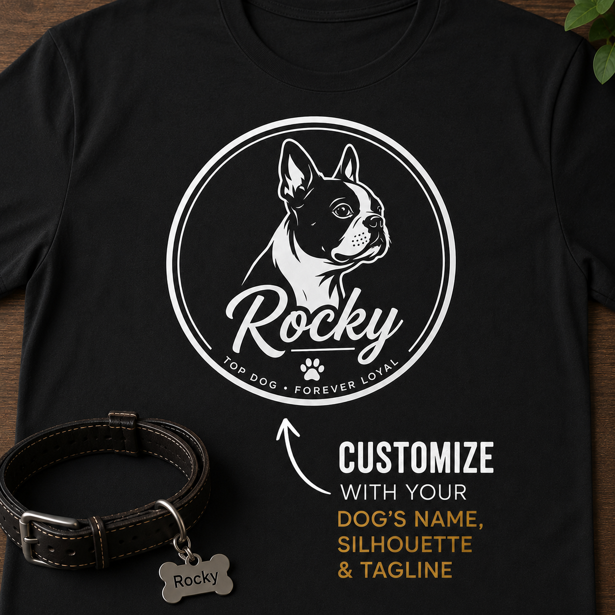 Personalized Dog Silhouette Unisex T-Shirt with Custom Name & Tagline .