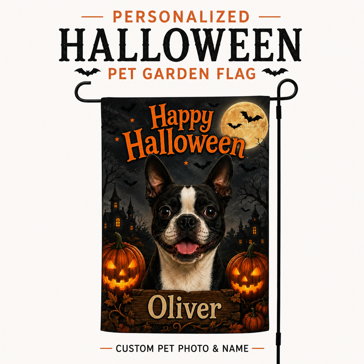 Personalized Halloween Pet Portrait Garden Flag – Custom Dog or Cat Photo Flag with Name
