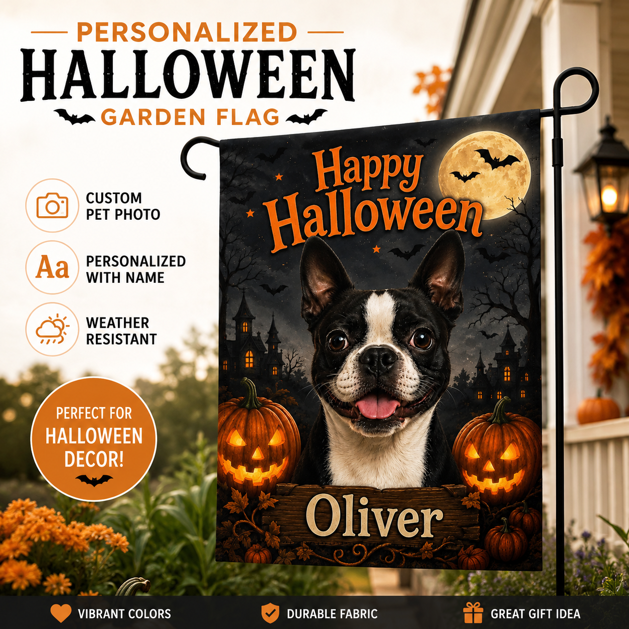 Personalized Halloween Pet Portrait Garden Flag – Custom Dog or Cat Photo Flag with Name