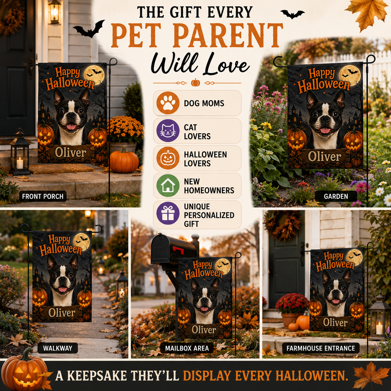 Personalized Halloween Pet Portrait Garden Flag – Custom Dog or Cat Photo Flag with Name