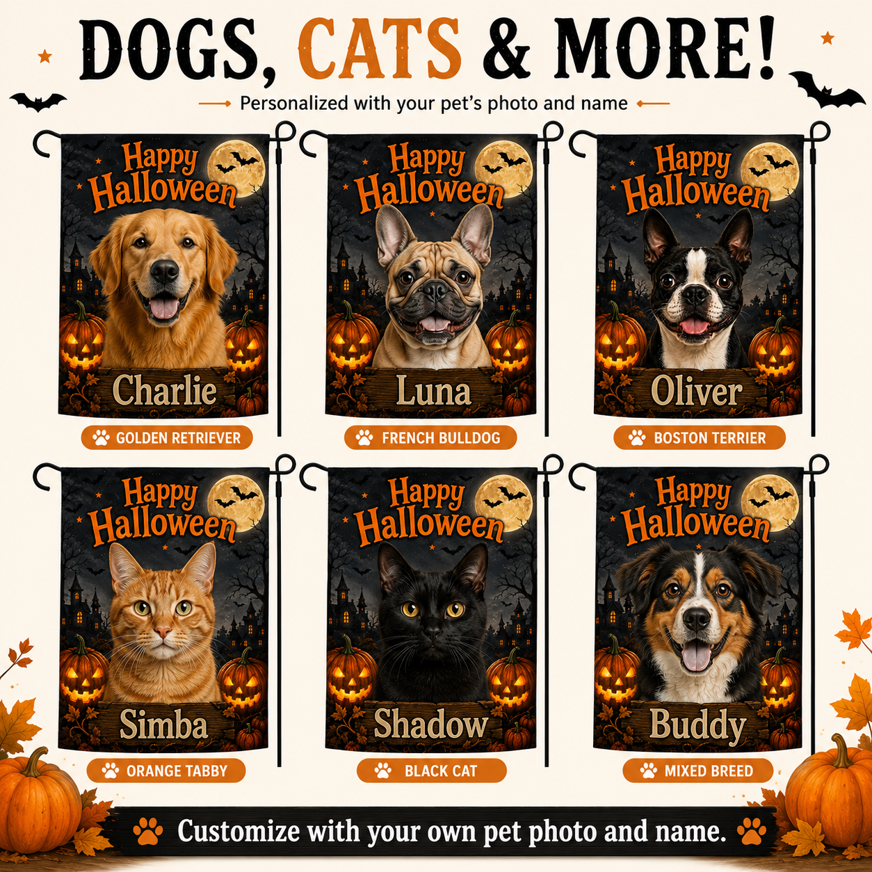Personalized Halloween Pet Portrait Garden Flag – Custom Dog or Cat Photo Flag with Name