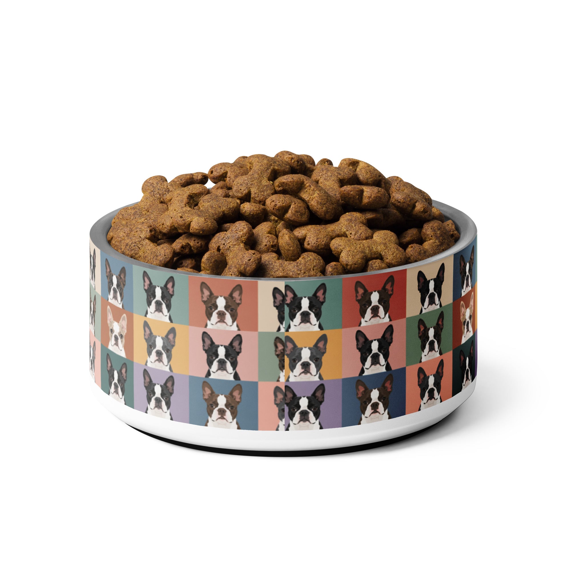 Pop Art Style Colored Boston Terriers Modern Tiles Pattern Dog Bowl .