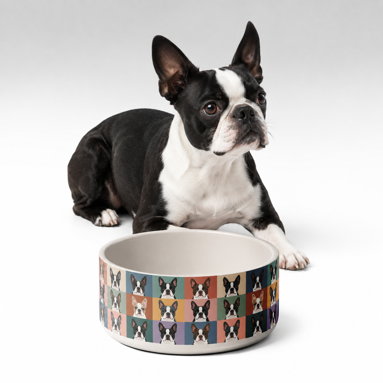 Pop Art Style Colored Boston Terriers Modern Tiles Pattern Dog Bowl .