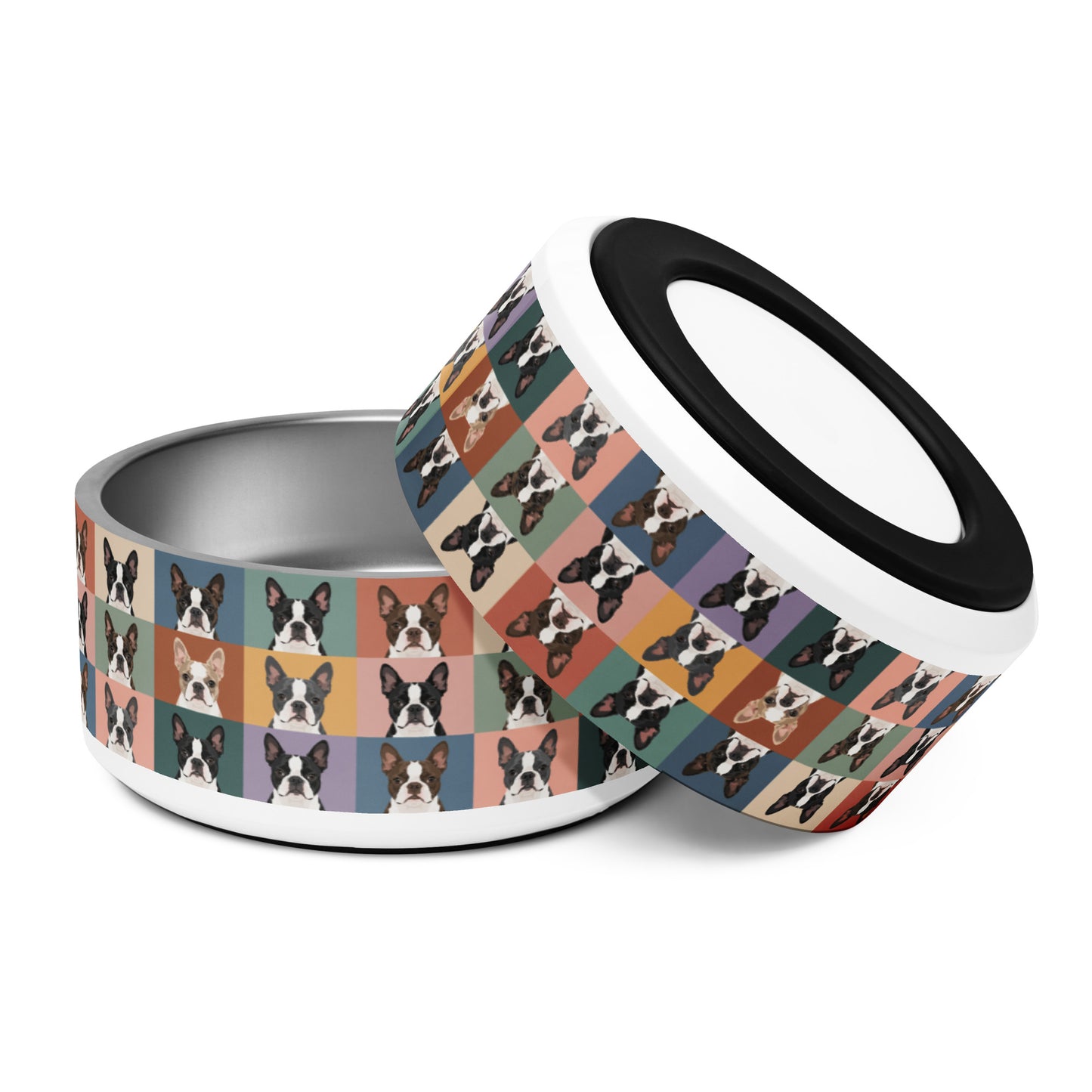 Pop Art Style Colored Boston Terriers Modern Tiles Pattern Dog Bowl .