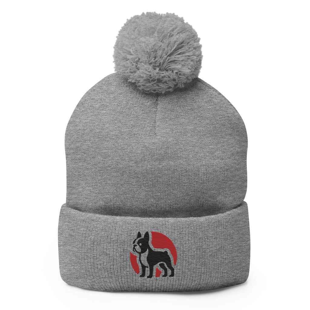 Boston Terrier Silhouette Logo Pom-Pom Beanie