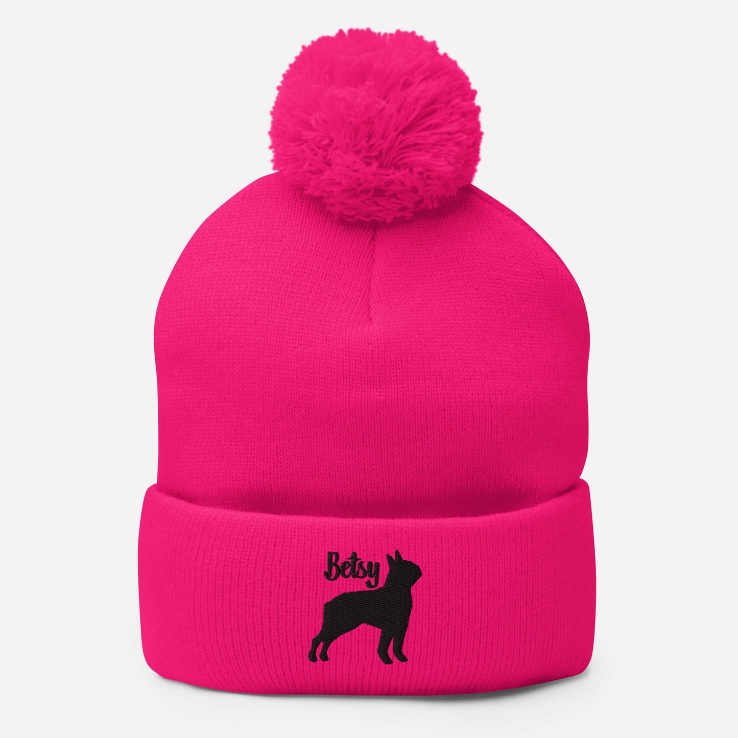 Peronalized Embroidered Boston Terrier Silhouette With Name Pom-Pom Beanie