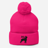 Peronalized Embroidered Boston Terrier Silhouette With Name Pom-Pom Beanie
