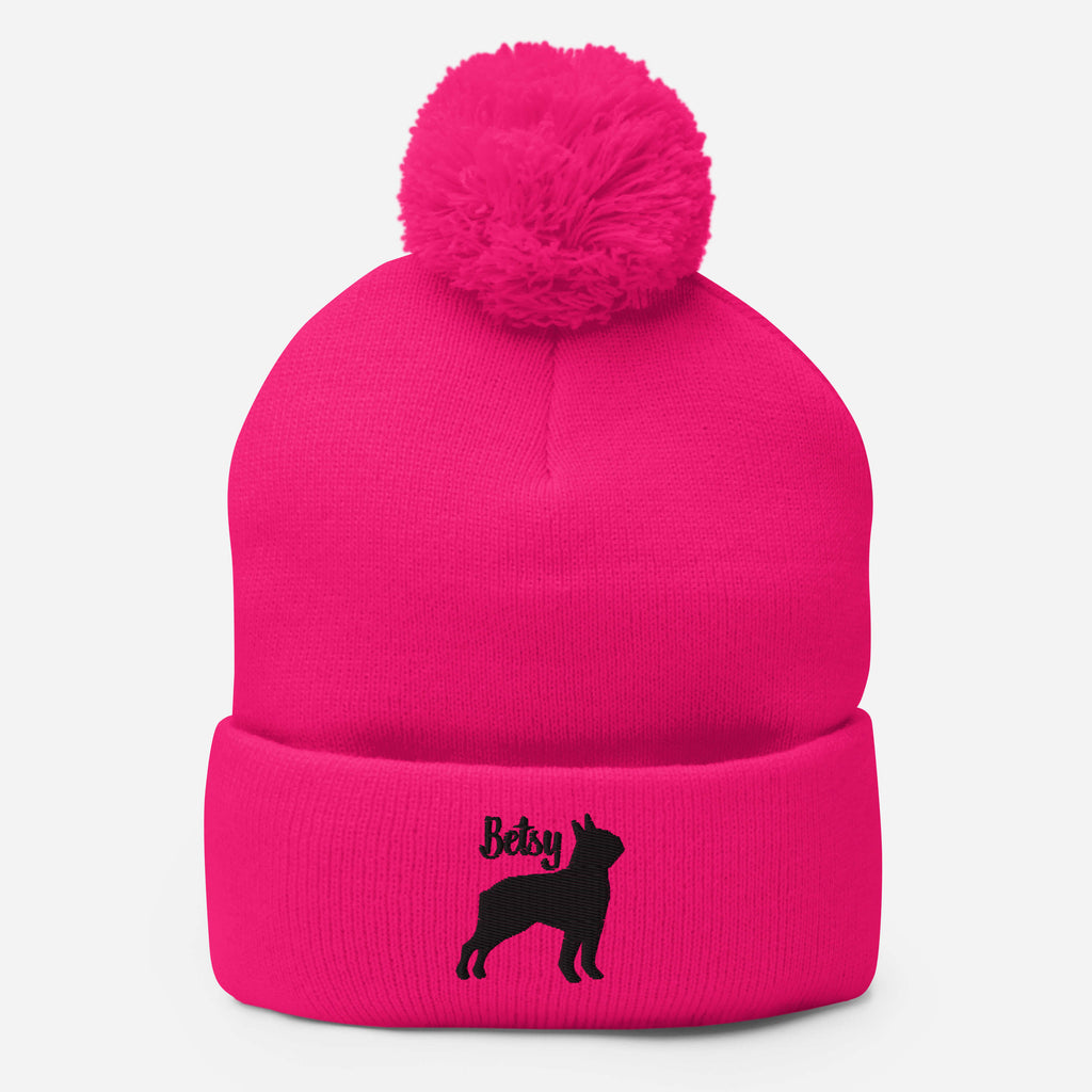 Peronalized Embroidered Boston Terrier Silhouette With Name Pom-Pom Beanie