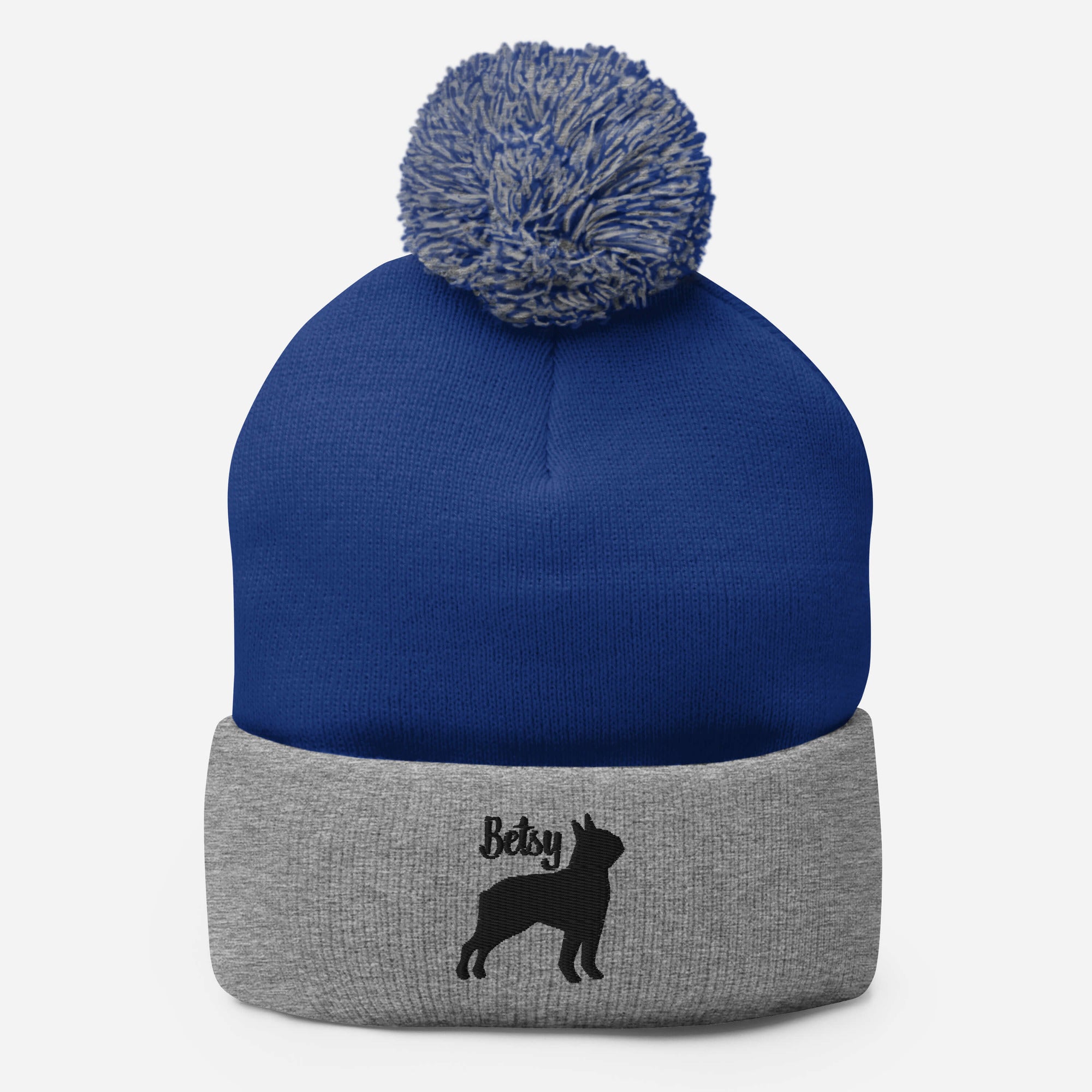 Peronalized Embroidered Boston Terrier Silhouette With Name Pom-Pom Beanie