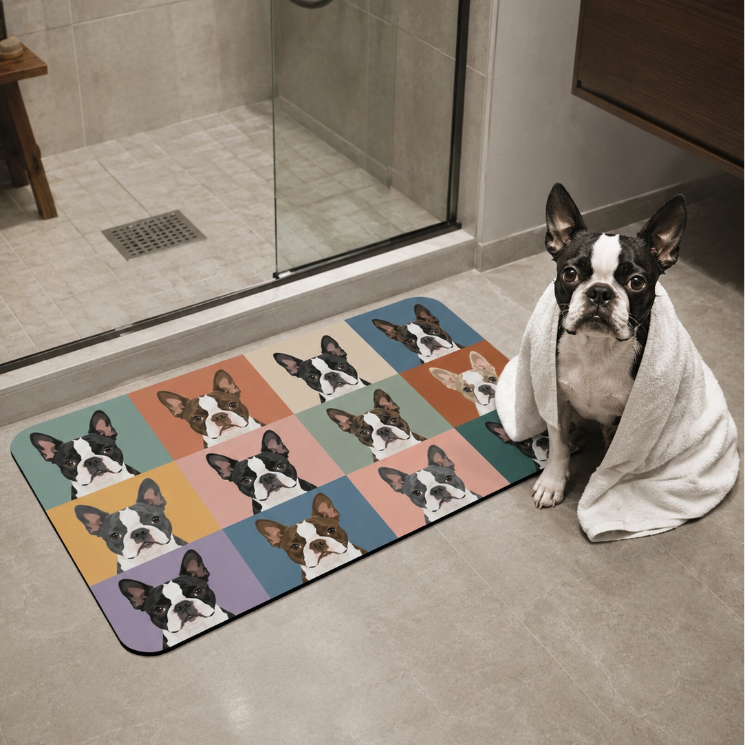 Pop Art Style Colored Boston Terriers Modern Tiles Pattern Bath Mat Fast Drying .