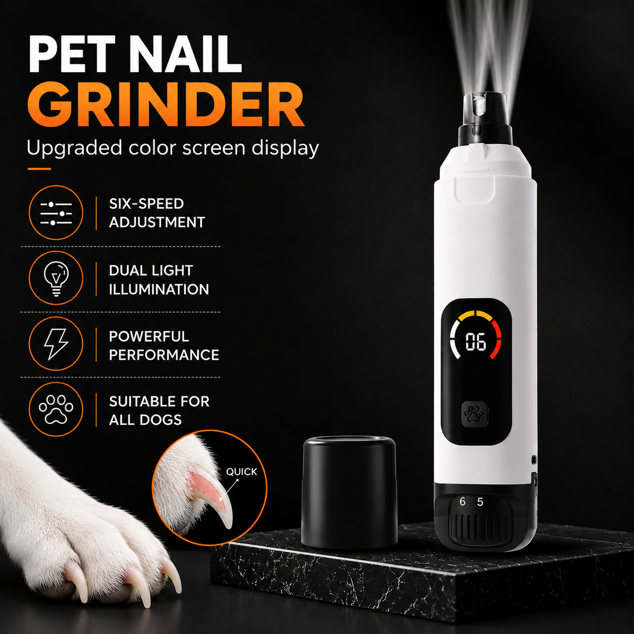Professional Dog Nail Grinder with LED Light – Rechargeable Pet Nail Trimmer for Small, Medium & Large Dogs | 6-Speed Quiet Electric Nail File .