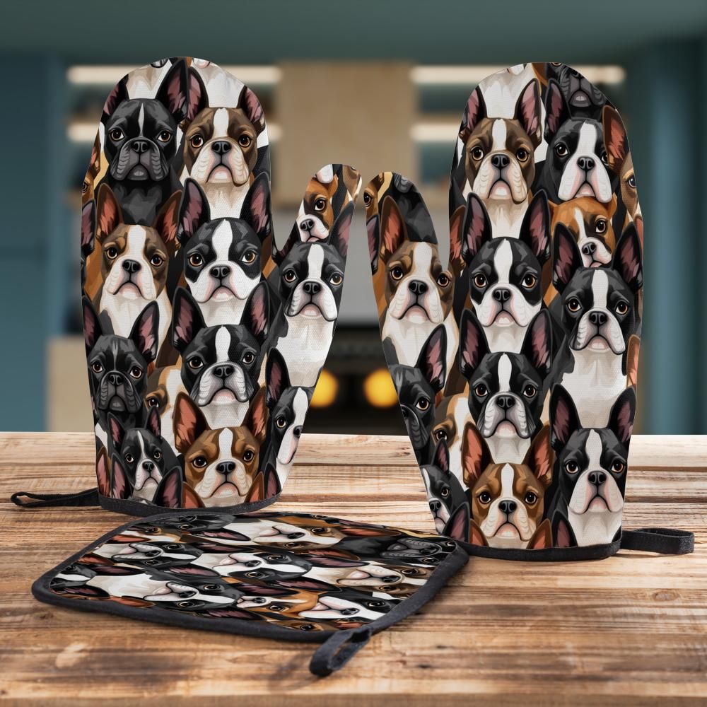 Boston Terrier Dogs Crowd Oven Mitts and Pot Holder Combo . 2 Oven Mitts + 1 Pot Holder