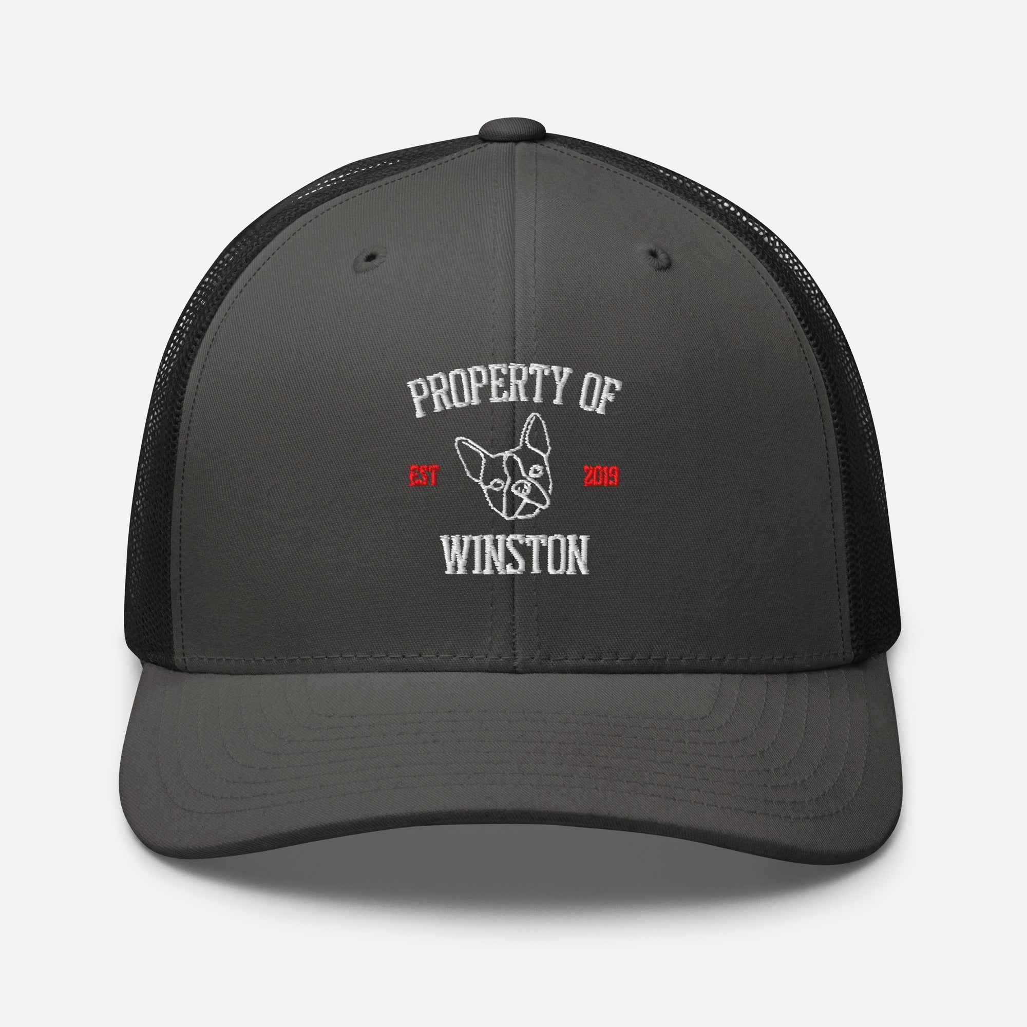 Property Of My Dog Custom Embroidered Trucker Cap . Charcoal Black