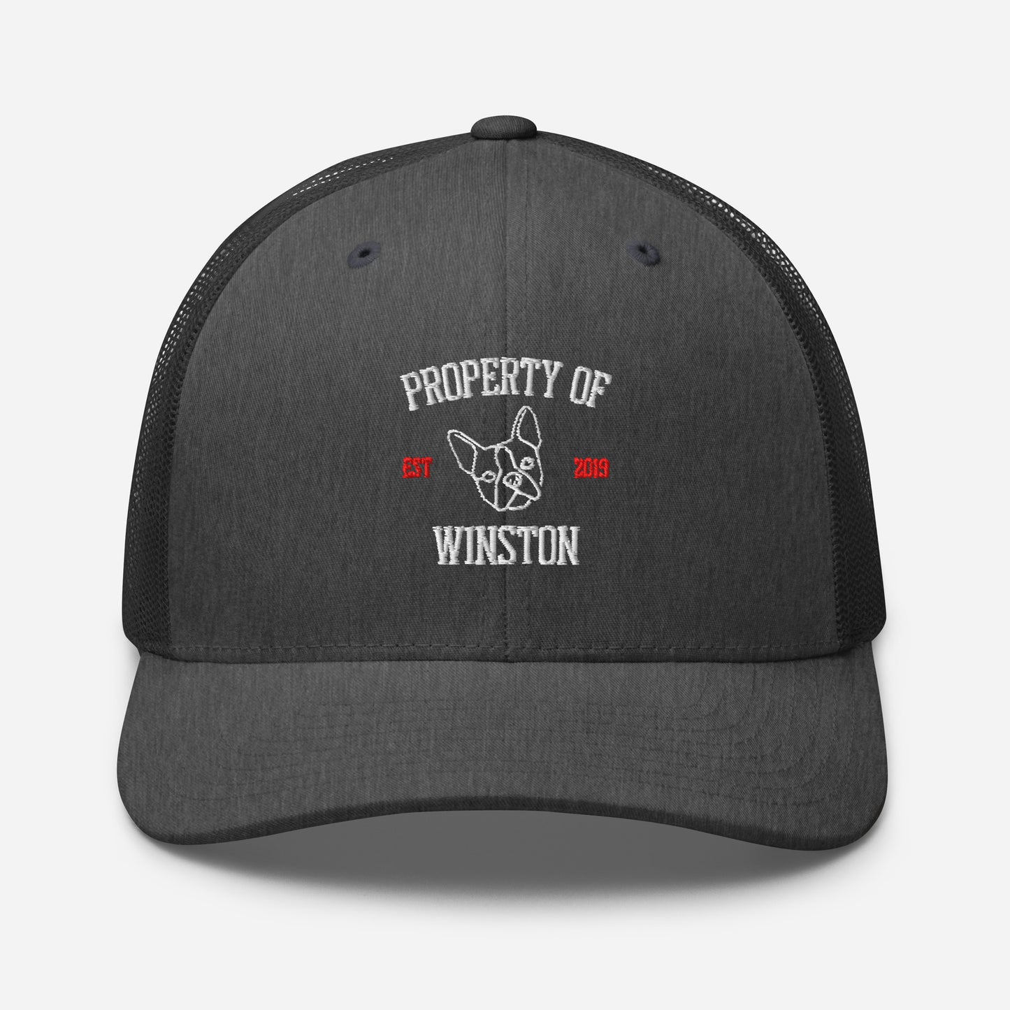 Property Of My Dog Custom Embroidered Trucker Cap . Dark Heather Gray