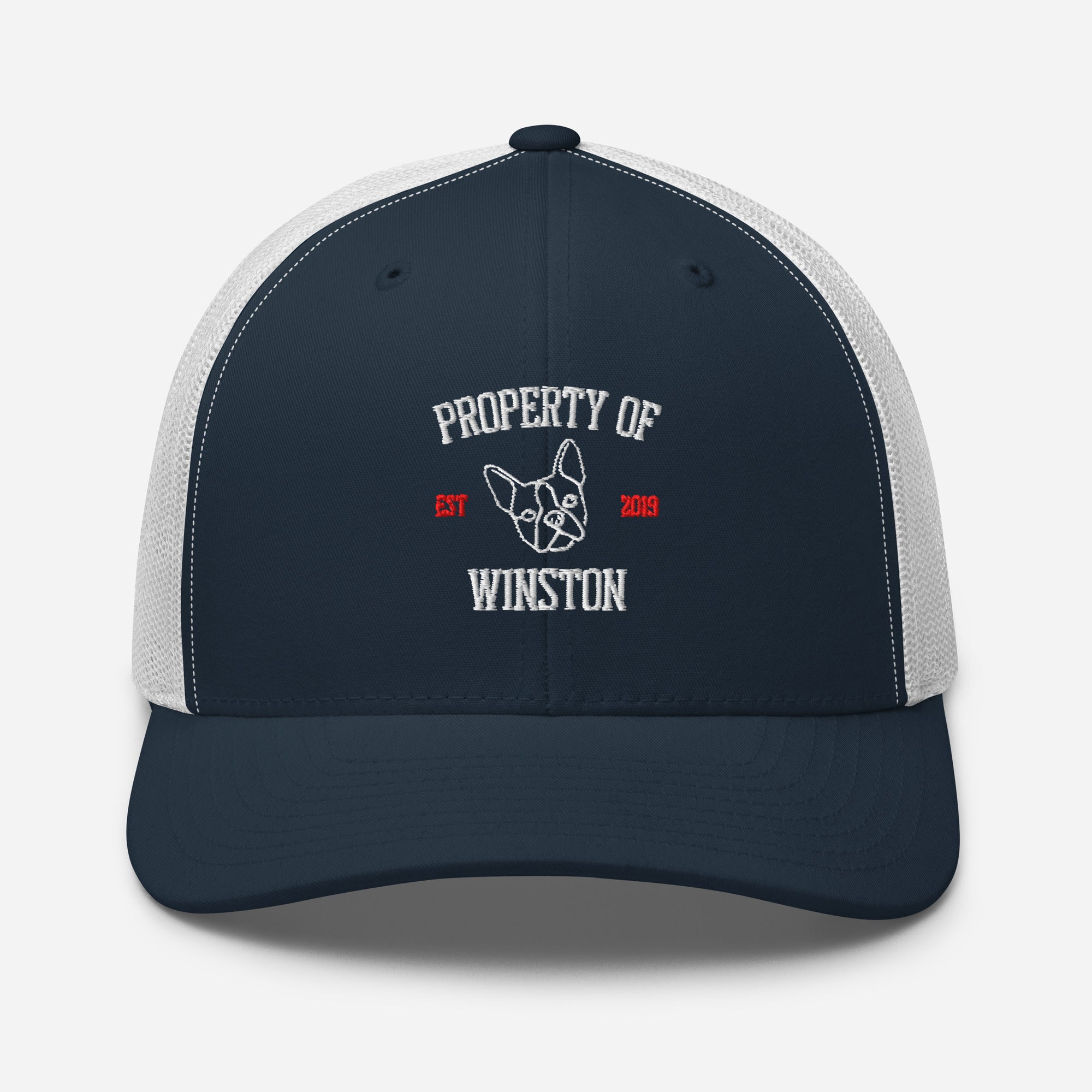 Property Of My Dog Custom Embroidered Trucker Cap . Navy White