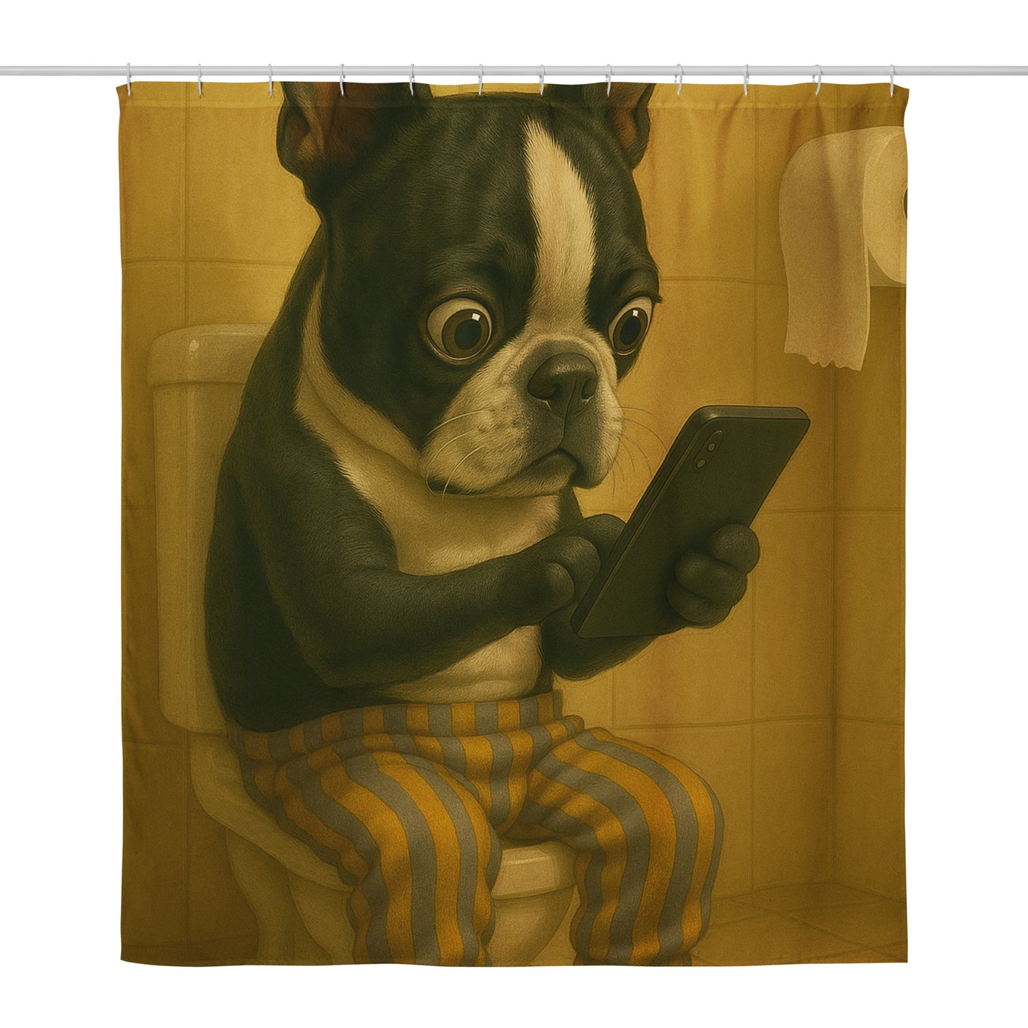 Boston Terrier Bathroom Cellphone Humor Shower Curtain