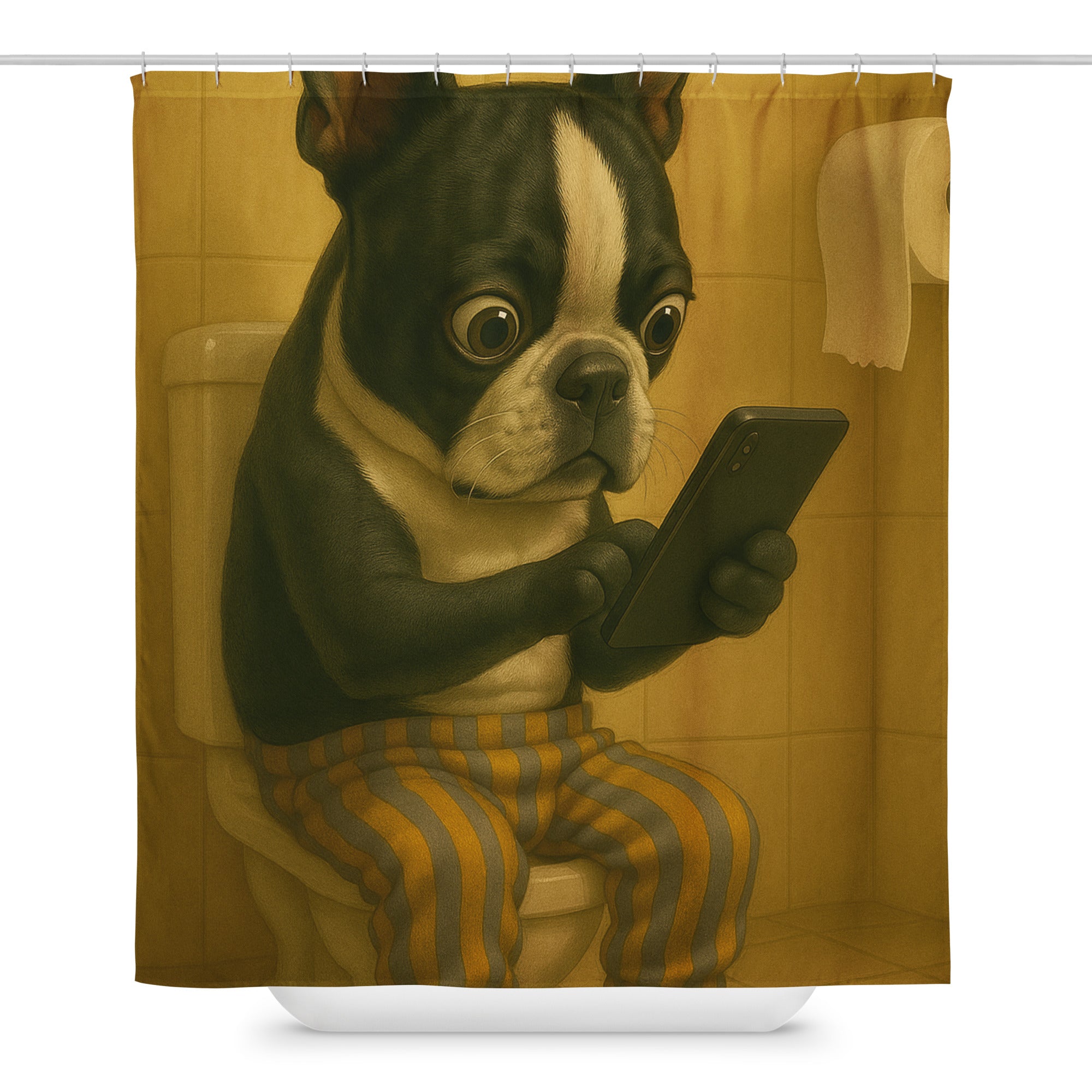 Boston Terrier Bathroom Cellphone Humor Shower Curtain