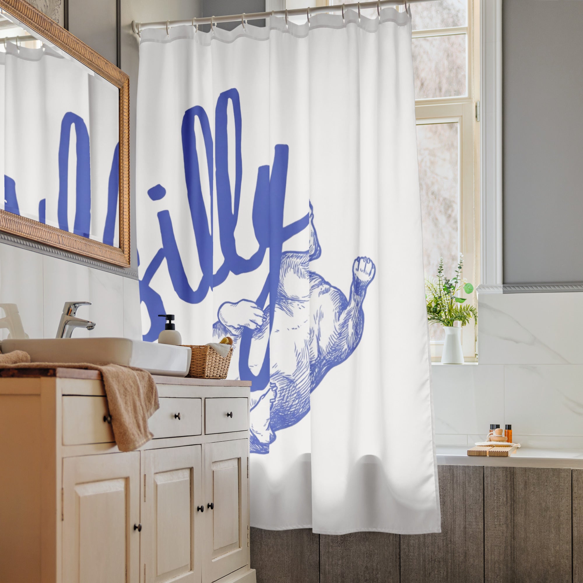 Silly Boston Terrier Dog Upside Down Shower curtain .