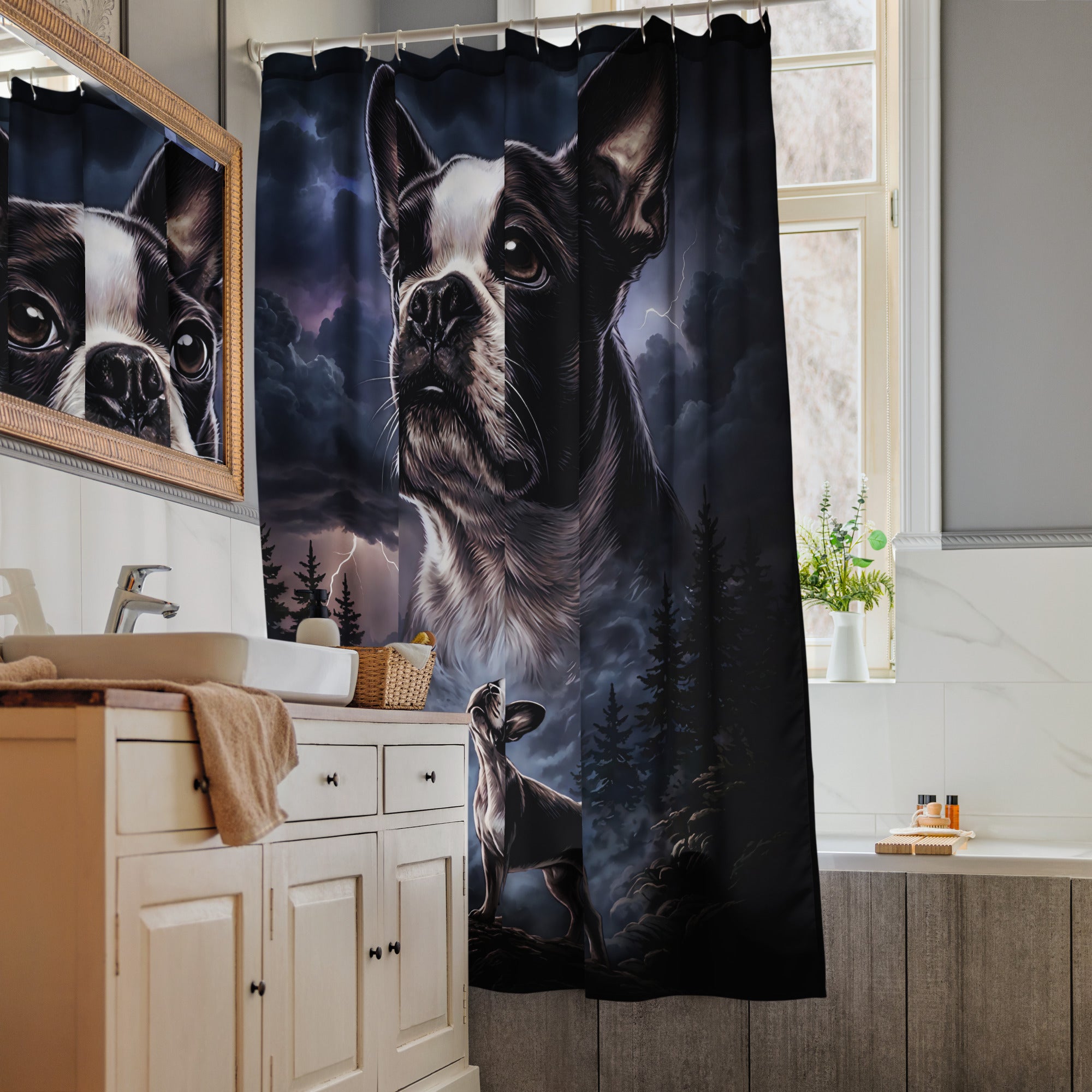 Storm Guardian – Majestic Boston Terrier Night Art Shower Curtain .
