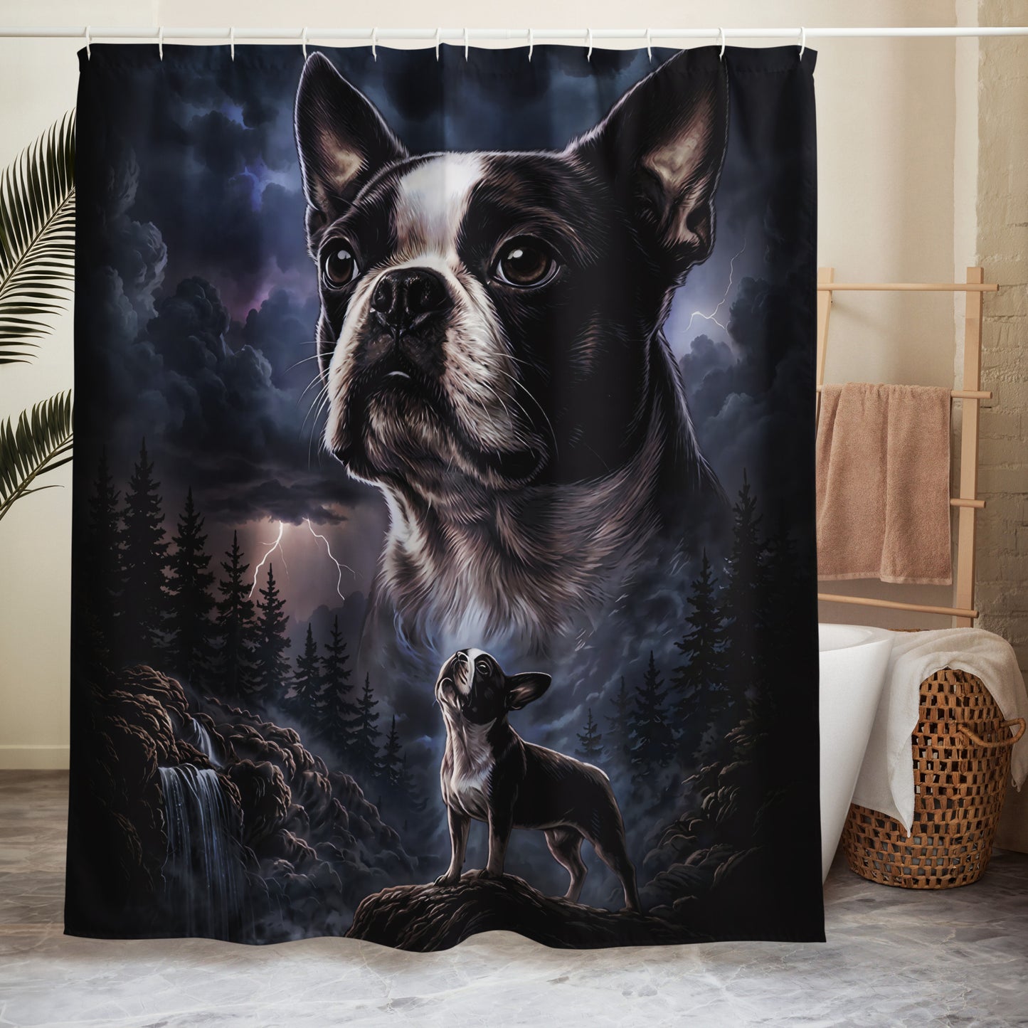 Storm Guardian – Majestic Boston Terrier Night Art Shower Curtain .