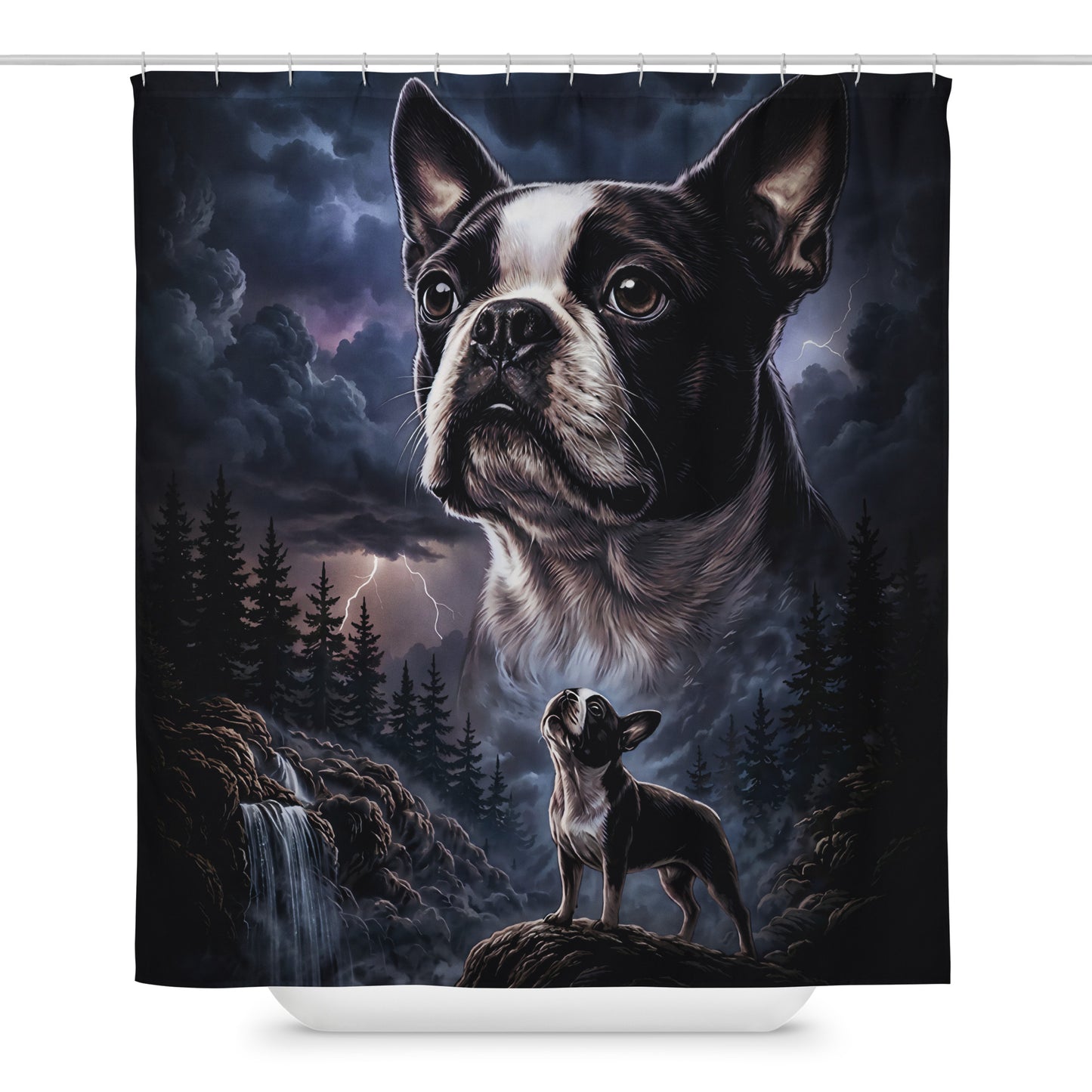 Storm Guardian – Majestic Boston Terrier Night Art Shower Curtain .